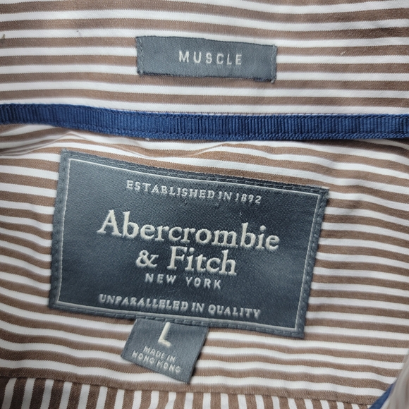 Abercrombie & Fitch Muscle Button Up Shirt Men's Large Brown Striped Preppy - Picture 6 of 12